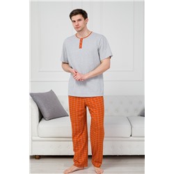 Пижама мужская из футболки с коротким рукавом и брюк из кулирки Француа клетка на кирпичном макси