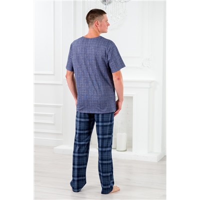 Пижама мужская из футболки с коротким рукавом и брюк из кулирки Генри темно-синяя клетка