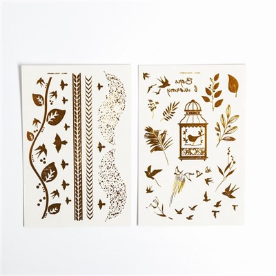 Детские татуировки-переводки, 10×15 см, набор 2 листа, золото, «Птички, растения»