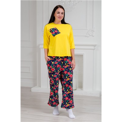Пижама из джемпера и брюк из кулирки Жасмин красно-желтые цветы макс