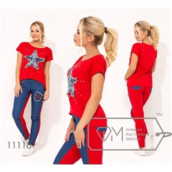 Костюм-двойка из двунитки и джинса с нашивкой-звезда и декорирован жемчужинами на футболке и брюках 11118