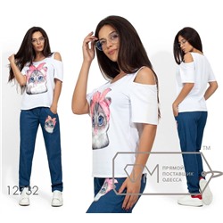 Комплект: футболка из вискозы с разрезами на плечах и нашивкой "кошечка", брюки из джинса, на резинке, зауженные к низу 12732